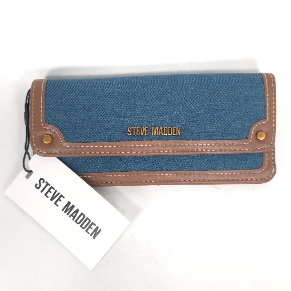STEVE MADDEN Women's New Denim Snap Zip Wallet Blue Brown BDENNI